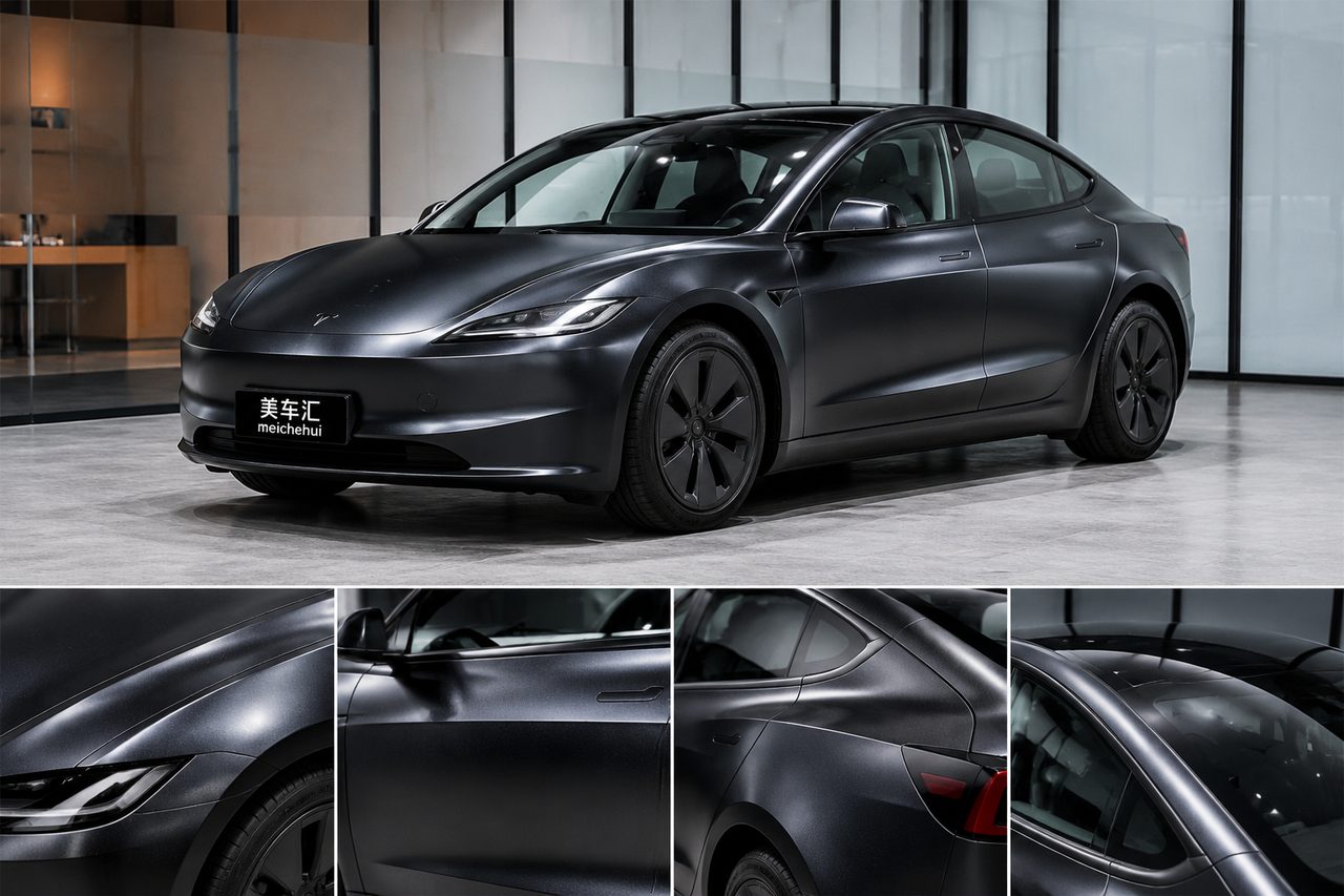 特斯拉Model 3陶瓷黑改色膜整车与车身细节效果展示