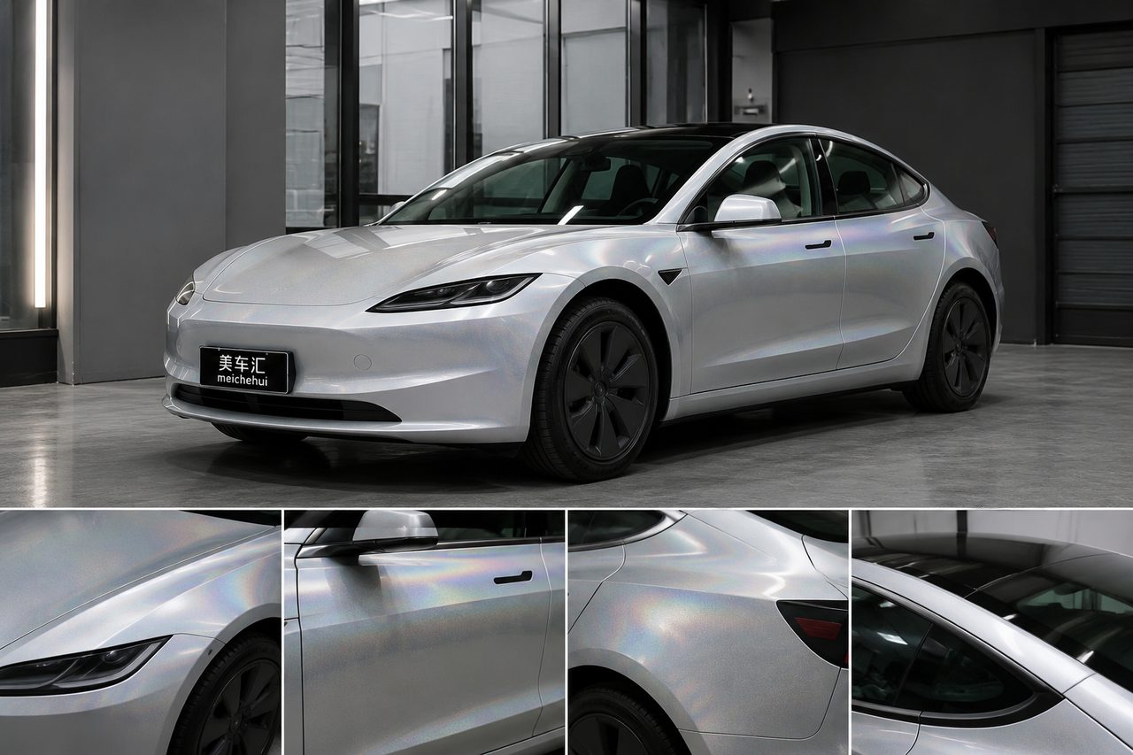 特斯拉Model 3镭射银改色膜整车及车身细节效果展示