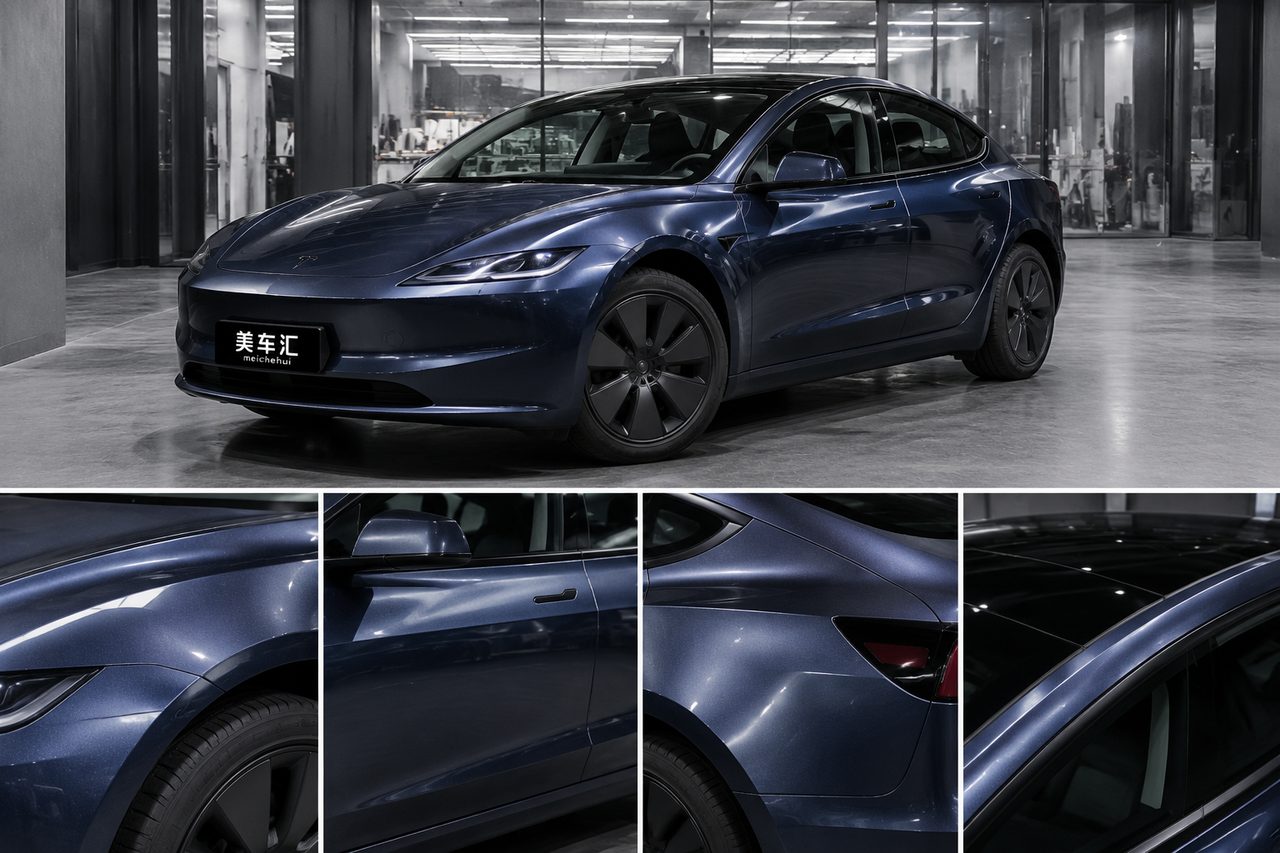 特斯拉Model 3金属午夜青改色膜整车与局部细节效果展示