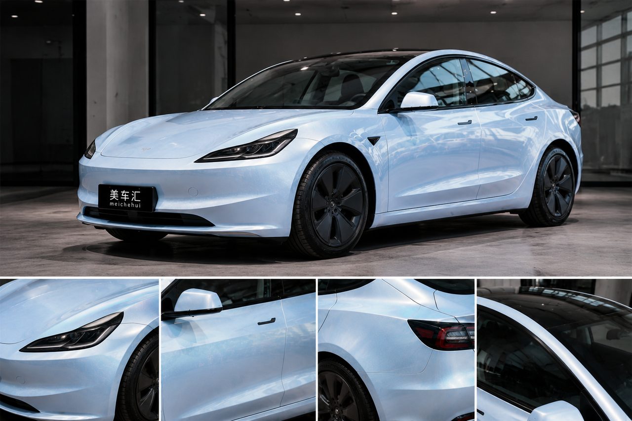 特斯拉Model 3马卡龙爵士蓝改色膜整体与车身细节效果展示