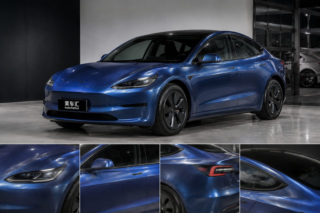 特斯拉Model 3贴金属午夜蓝改色膜整车及车身细节效果展示