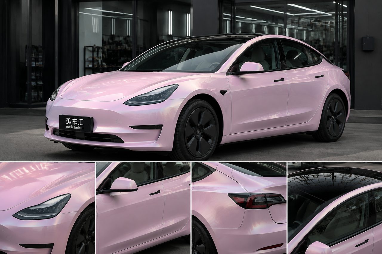 特斯拉Model 3电光金属樱花粉改色膜整车及局部细节效果图