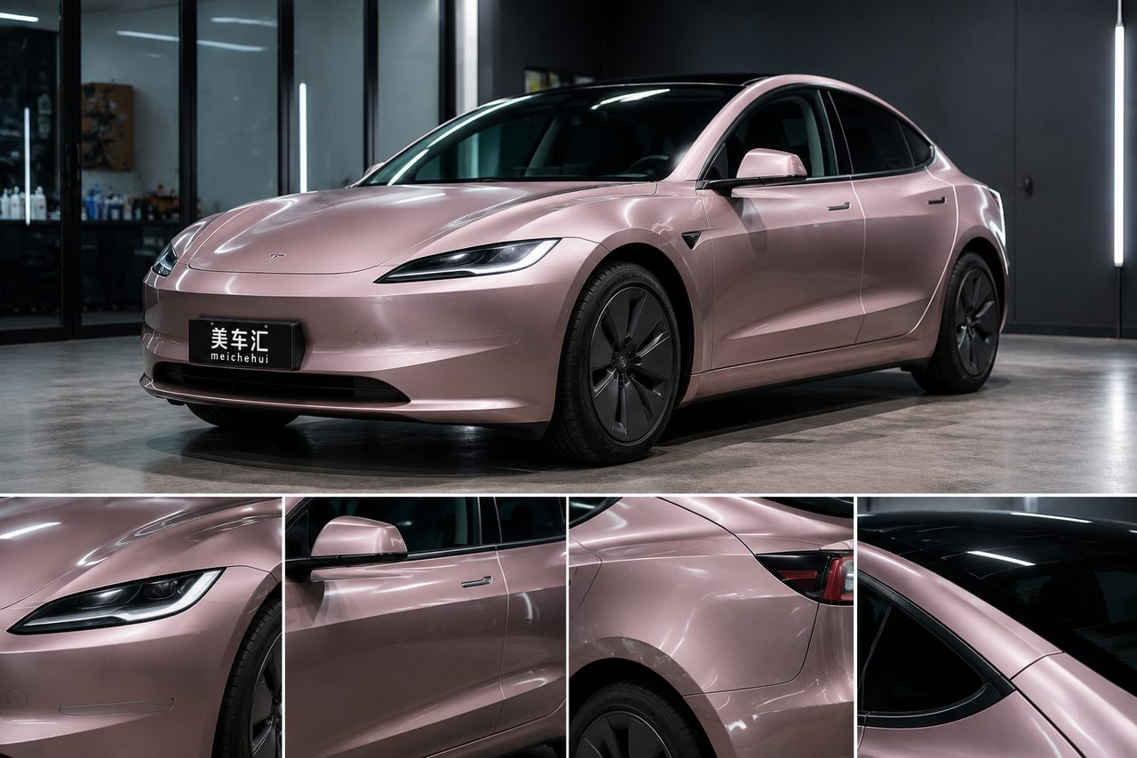 特斯拉Model 3贴金属水晶古铜改色膜整体效果与车身细节展示