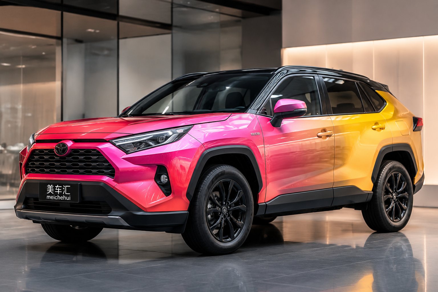 丰田RAV4荣放SUV车身覆盖玫金银澜前后渐变改色膜,车头玫红向车尾暖金自然过渡